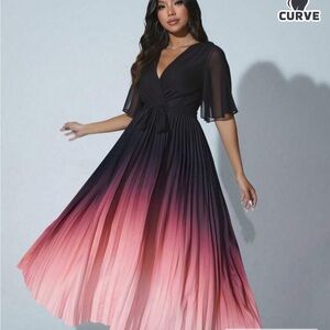 Long wrap v neck pleated ombré party dress